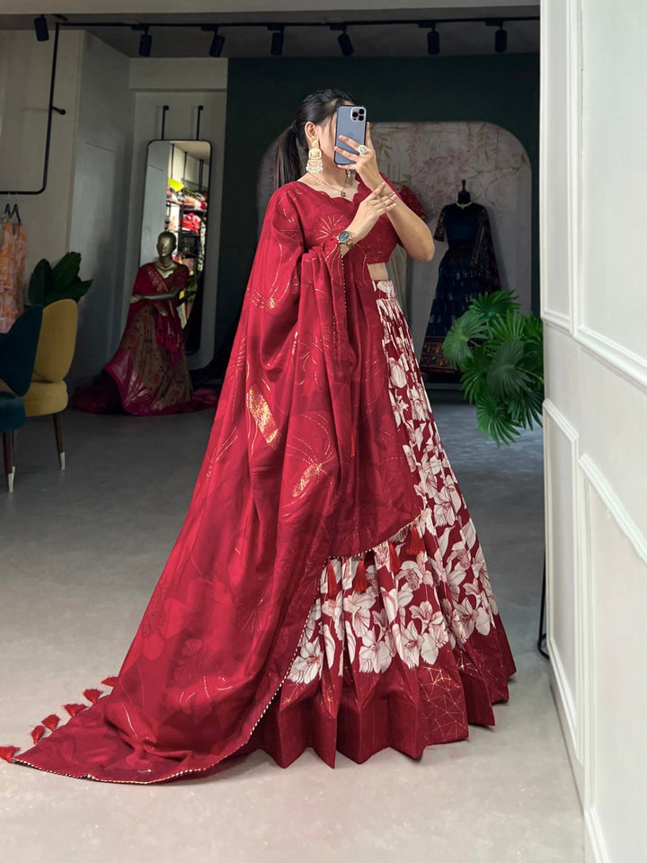 Ethnic Look with our Tussar Silk Printed Lehenga Choli In Red Color