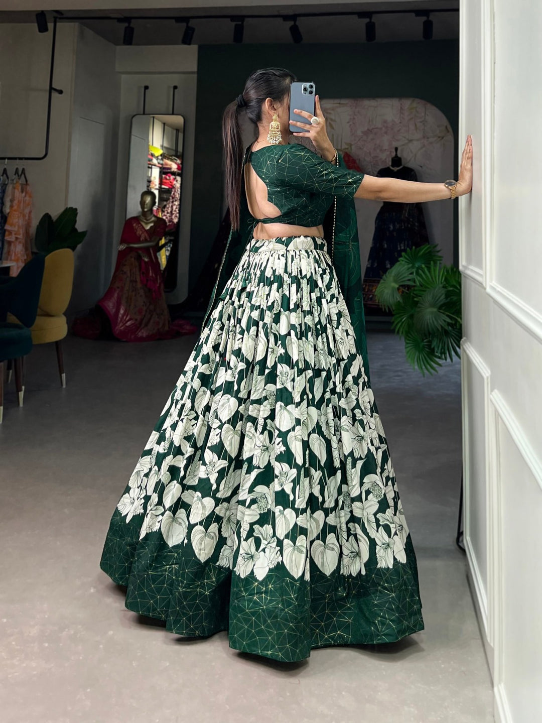 Ethnic Look with our Tussar Silk Printed Lehenga Choli In Green Color