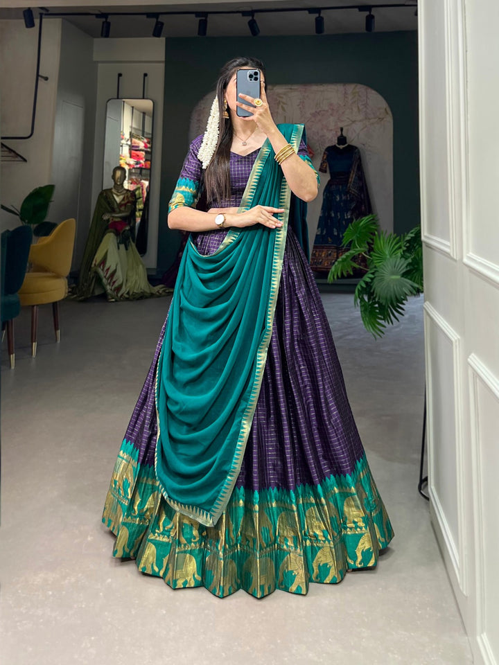 Kalyani Cotton Lehenga Choli Paired with Flowing Georgette Dupatta In Navy Blue Color