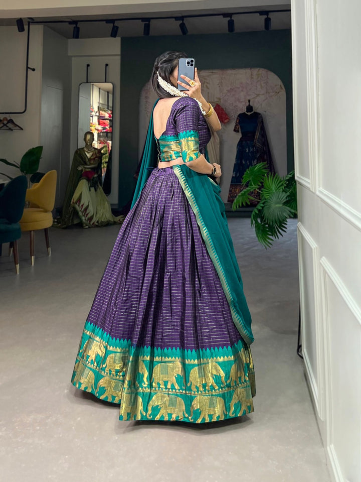 Kalyani Cotton Lehenga Choli Paired with Flowing Georgette Dupatta In Navy Blue Color