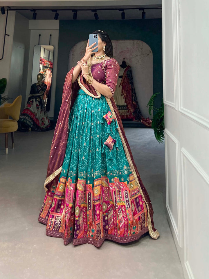 Pure Viscose Jacquard Silk Lehenga Choli In Teal Color