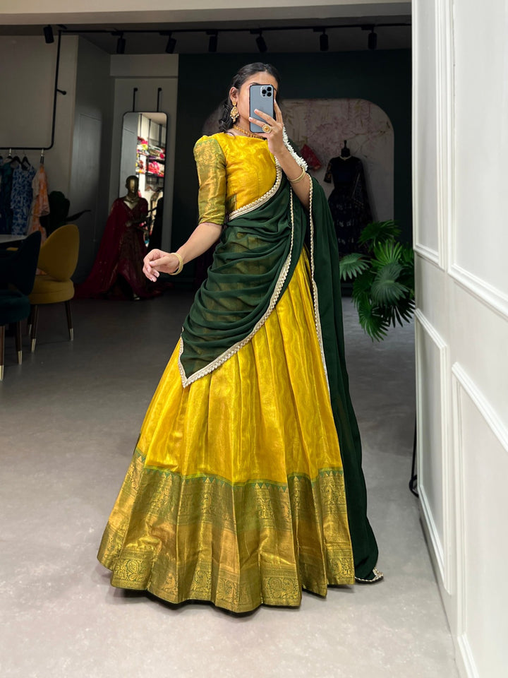 Tradition and Simplicity with our Kanjivaram Lehenga Choli and Georgette Dupatta In Yellow Color