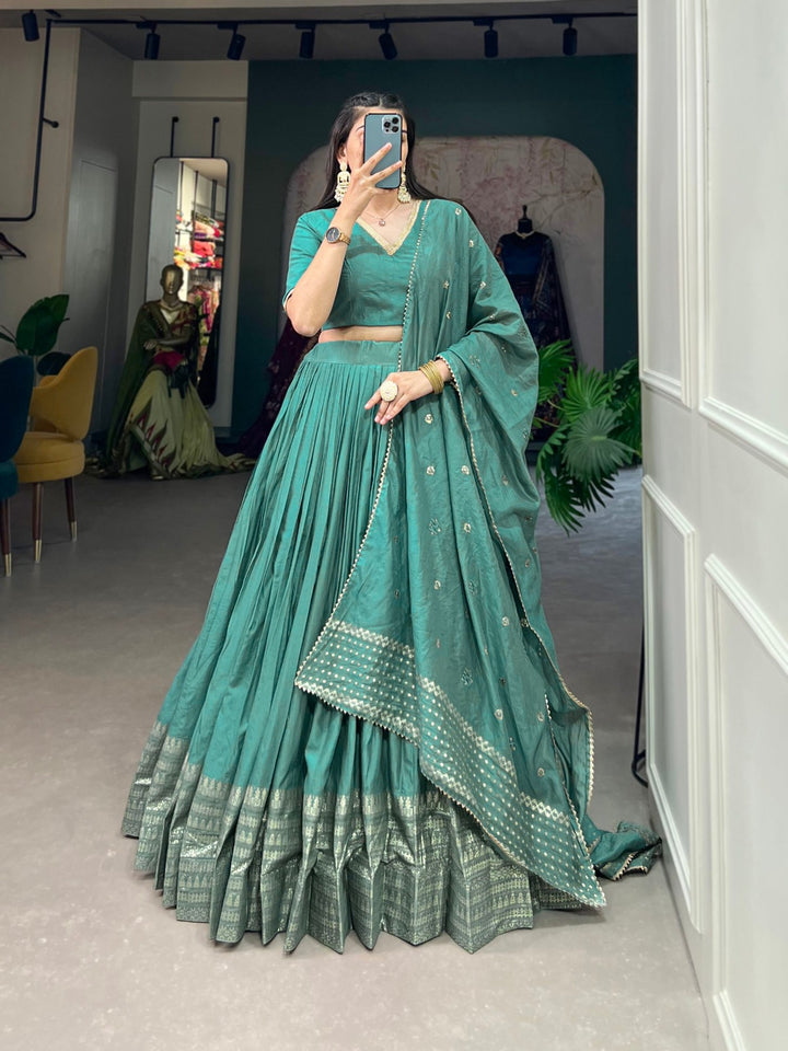 Pure Chanderi Plain Lehenga with Intricate Zari Work Border In Sea Green Color