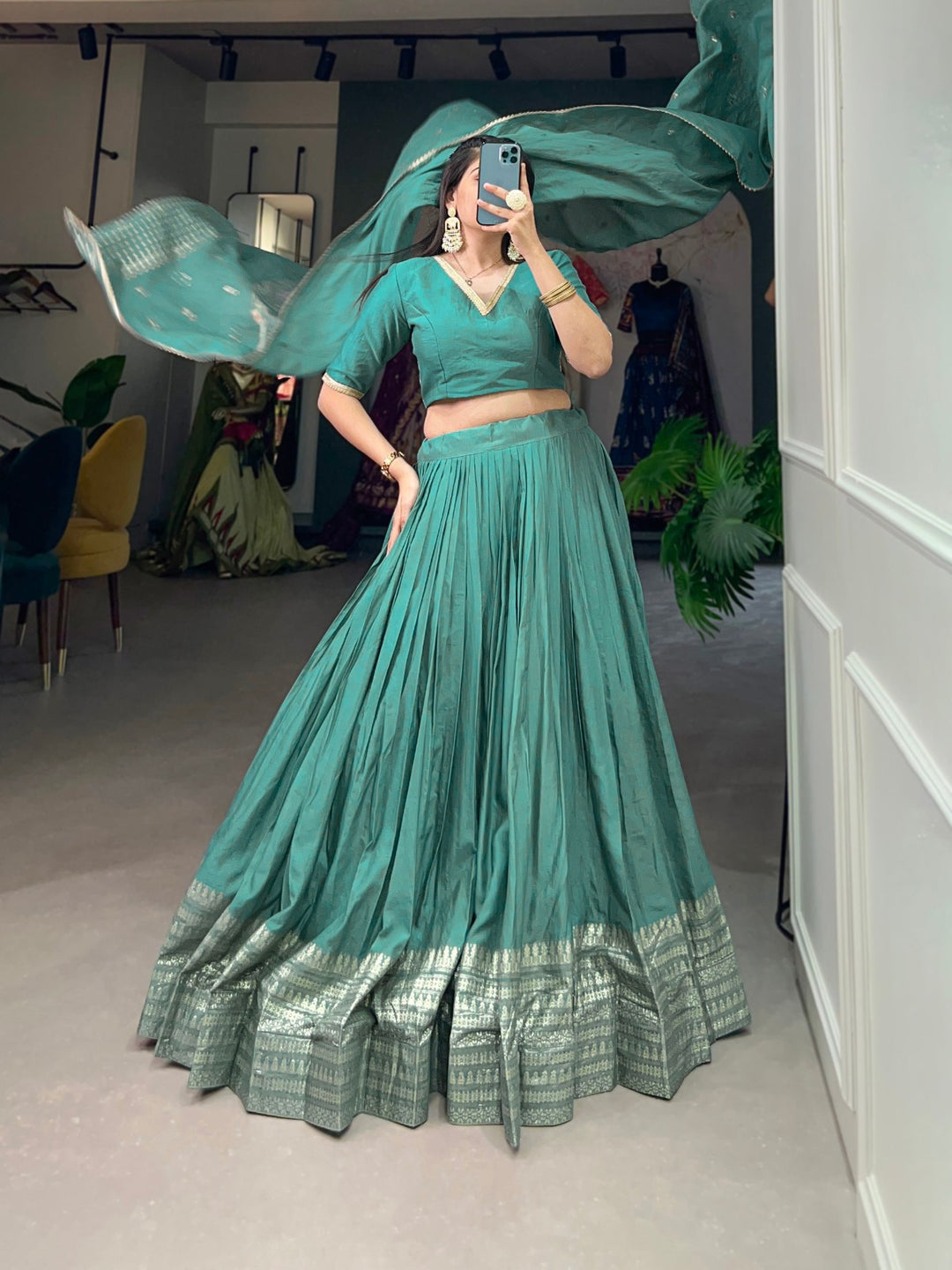 Pure Chanderi Plain Lehenga with Intricate Zari Work Border In Sea Green Color