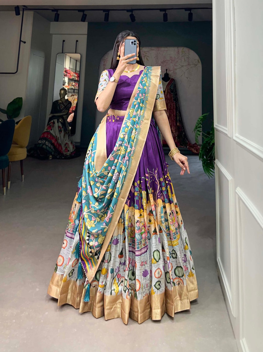 Dola Silk Kalamkari Print With Weaving Border Lehenga Choli In Purple Color