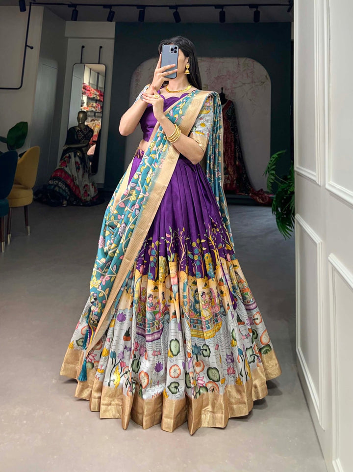 Dola Silk Kalamkari Print With Weaving Border Lehenga Choli In Purple Color