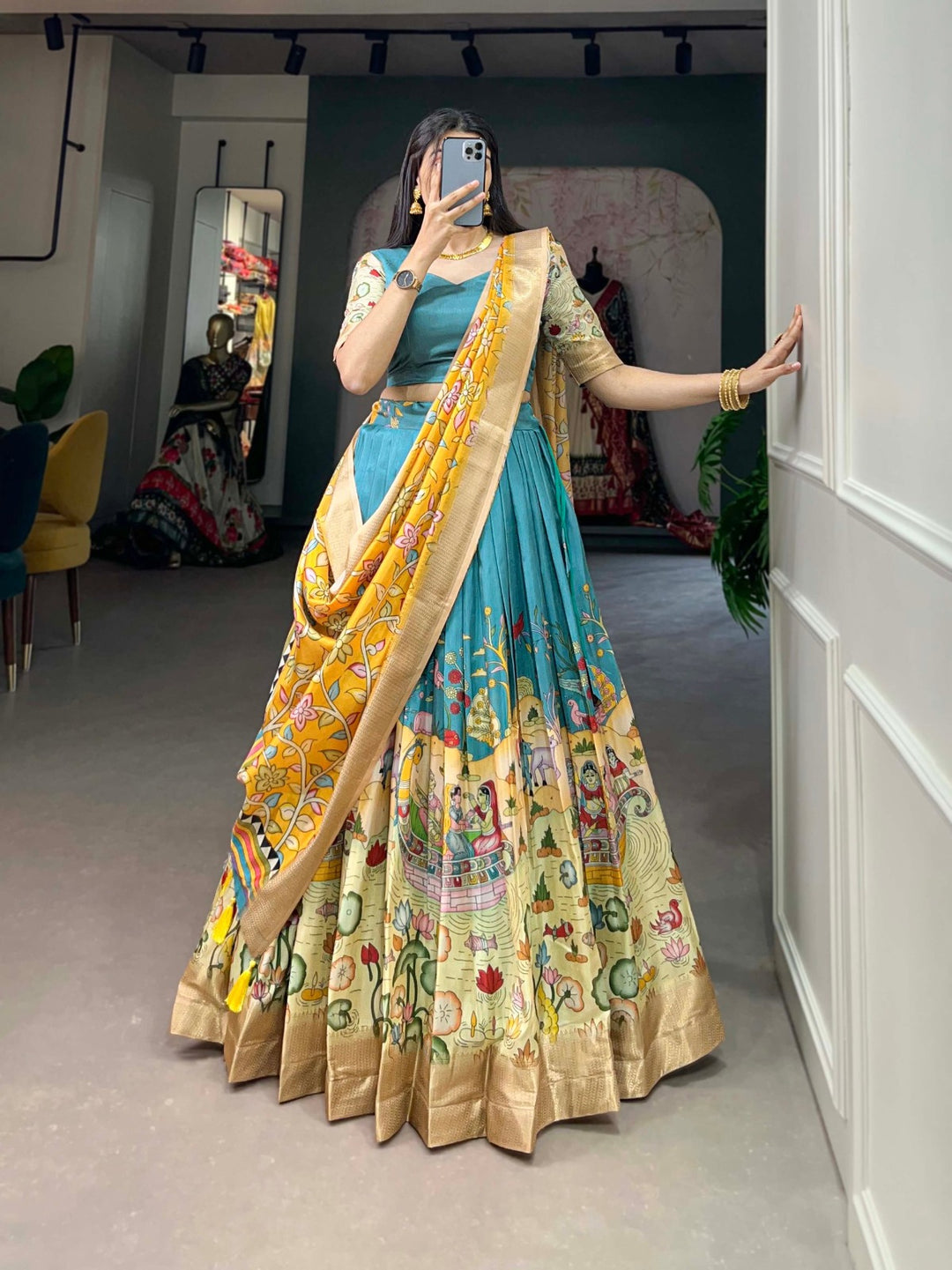 Dola Silk Kalamkari Print With Weaving Border Lehenga Choli In Teal Color