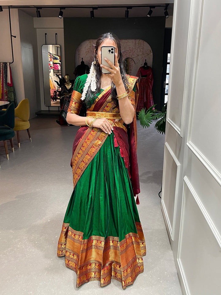 Narayan Pet Cotton Zari Weaving Work Lehenga Choli In Green Color