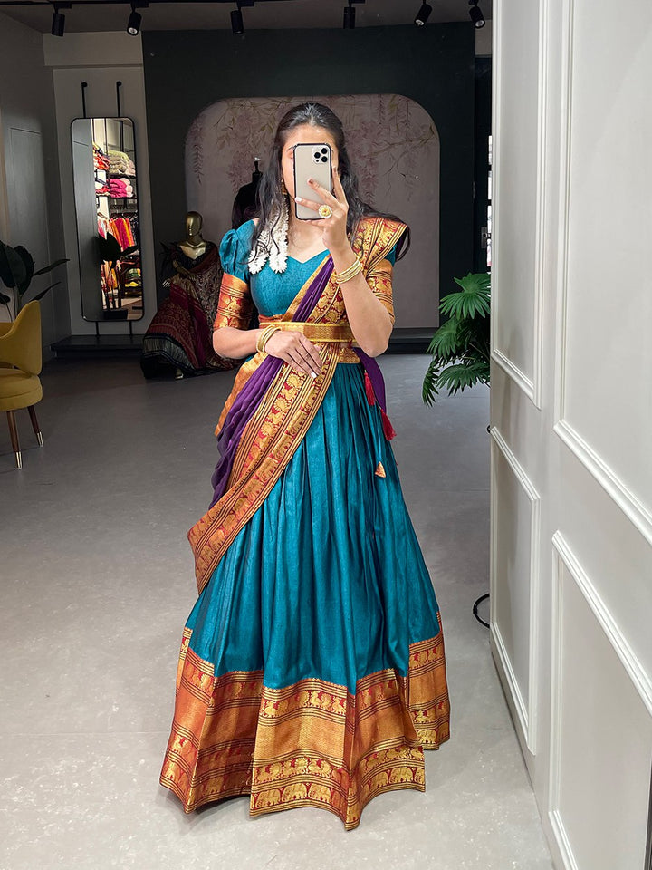 Narayan Pet Cotton Zari Weaving Work Lehenga Choli In Teal Color