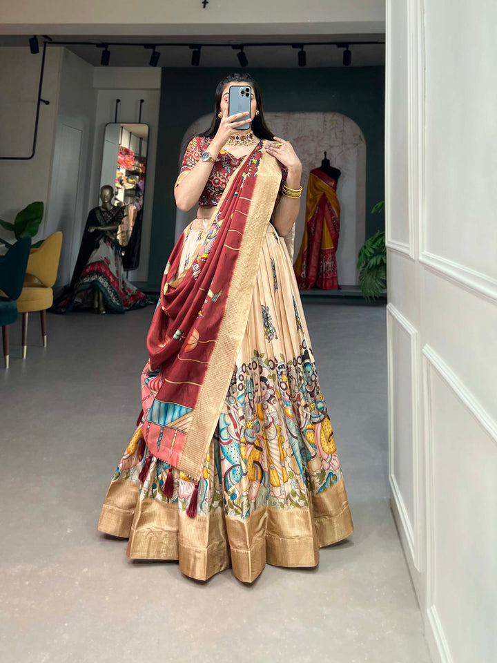 Dola Silk Kalamkari Print With Weaving Border Lehenga Choli in Cream Color