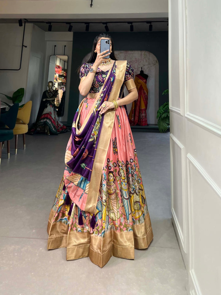 Dola Silk Kalamkari Print With Weaving Border Lehenga Choli in Peach Color