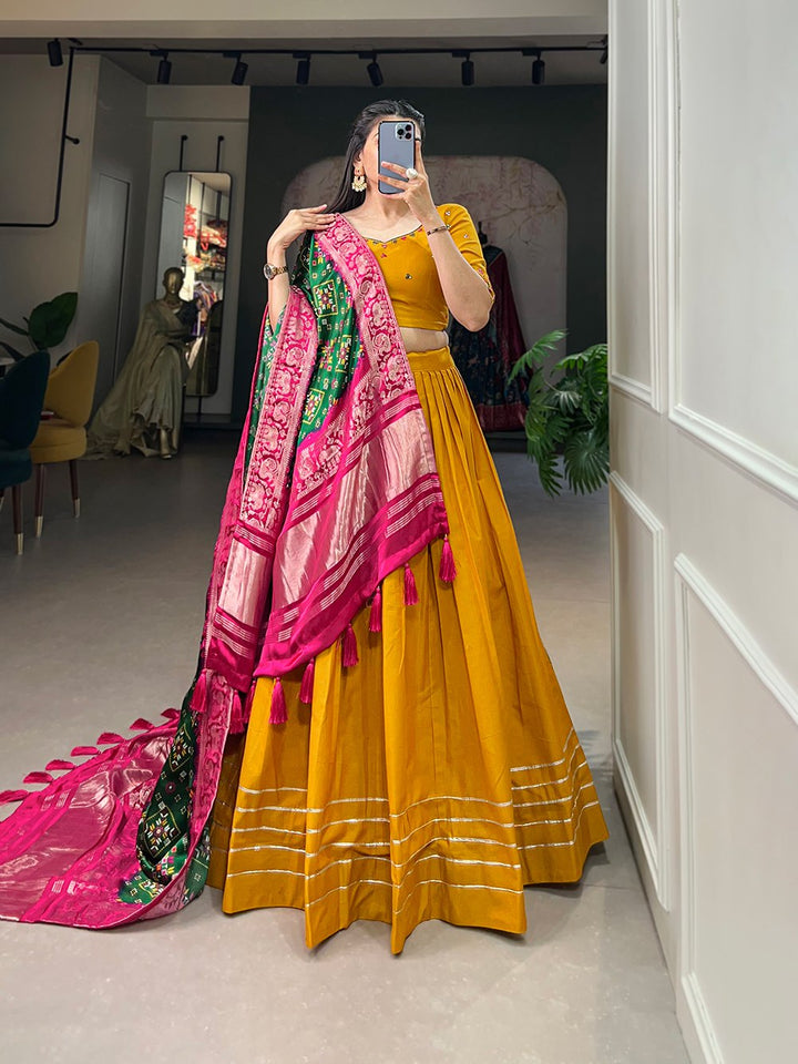 Pure Cotton Lehenga and the Lustrous Allure of Gaji Silk Dupatta in Mustard Color