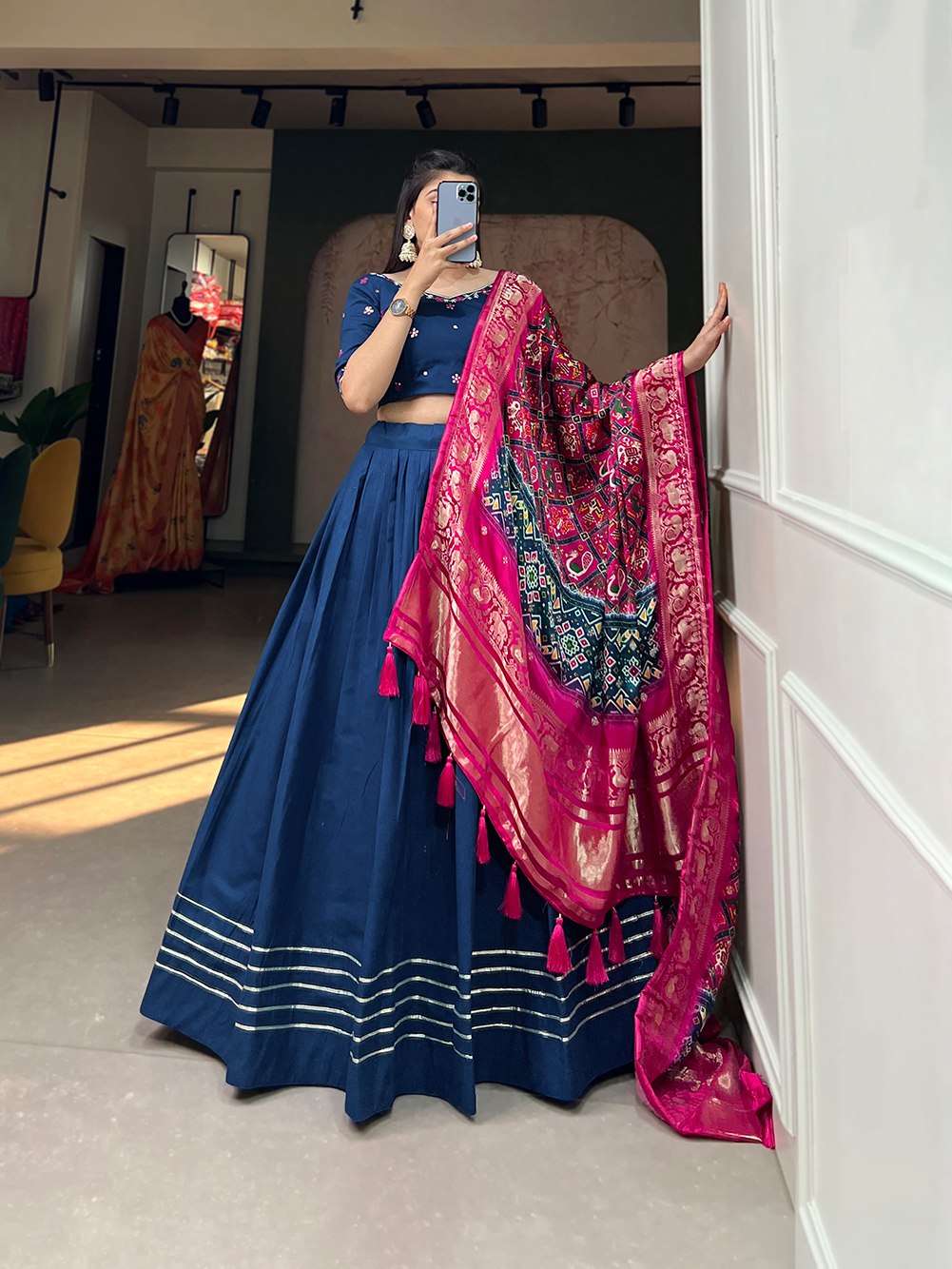 Pure Cotton Lehenga and the Lustrous Allure of Gaji Silk Dupatta in Navy Blue Color