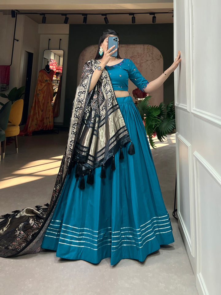 Pure Cotton Lehenga and the Lustrous Allure of Gaji Silk Dupatta in Blue Color