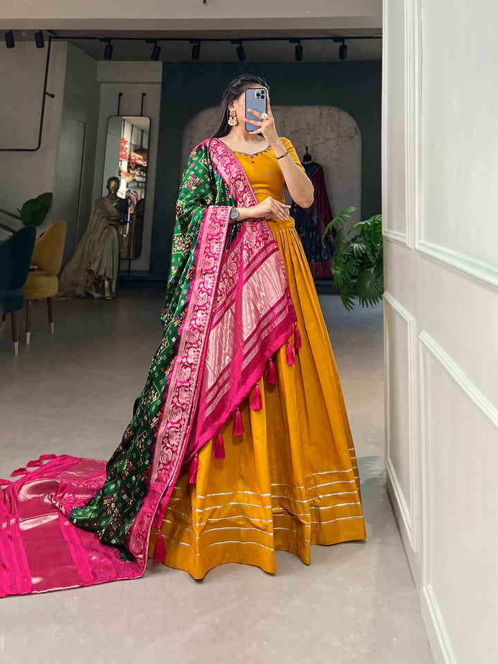 Pure Cotton Lehenga and the Lustrous Allure of Gaji Silk Dupatta in Mustard Color