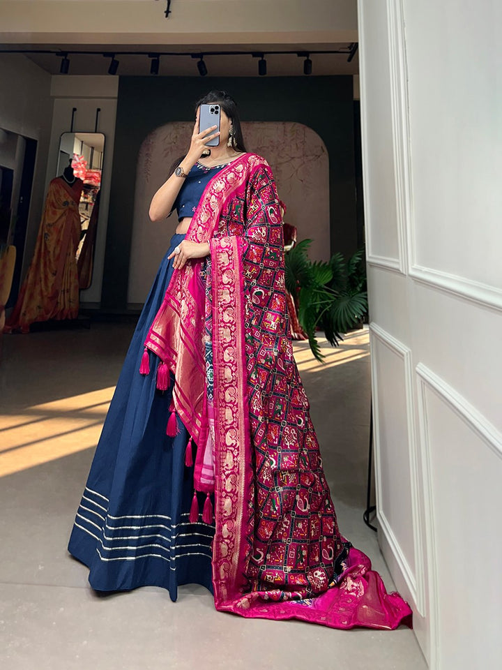 Pure Cotton Lehenga and the Lustrous Allure of Gaji Silk Dupatta in Navy Blue Color