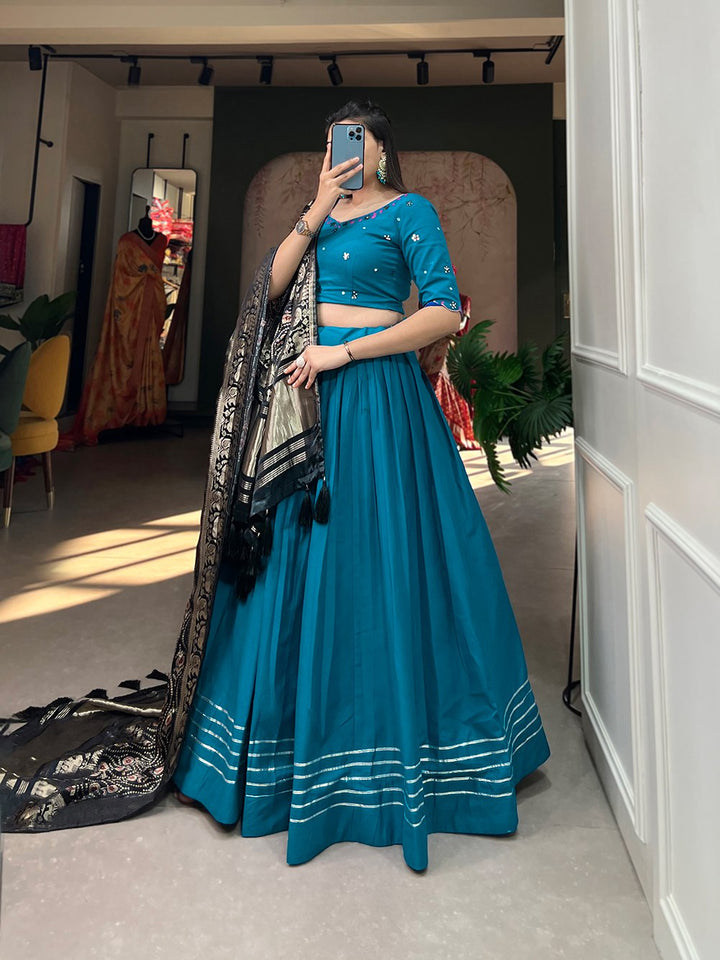 Pure Cotton Lehenga and the Lustrous Allure of Gaji Silk Dupatta in Blue Color