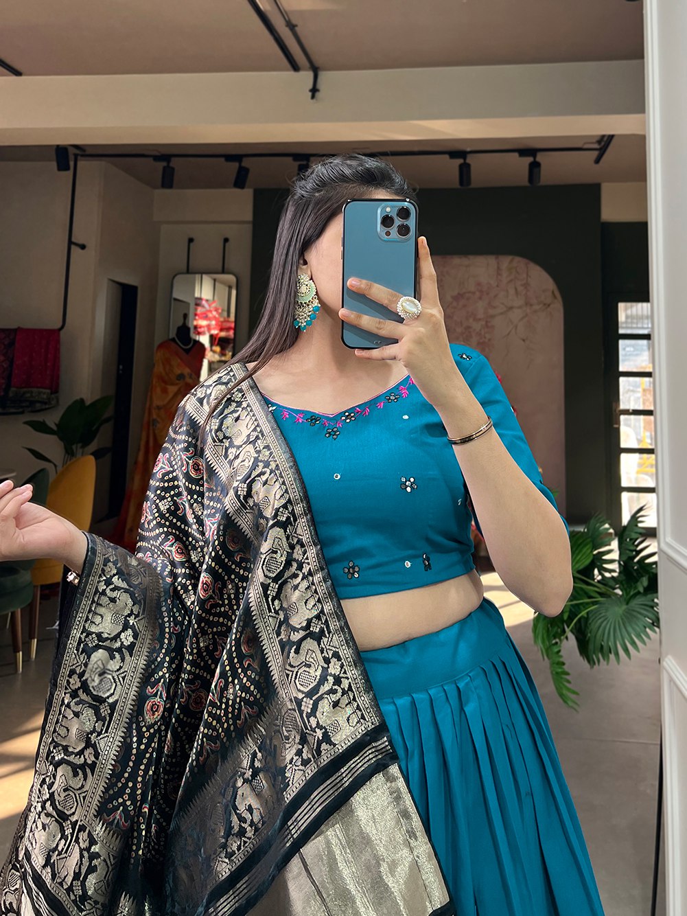 Pure Cotton Lehenga and the Lustrous Allure of Gaji Silk Dupatta in Blue Color