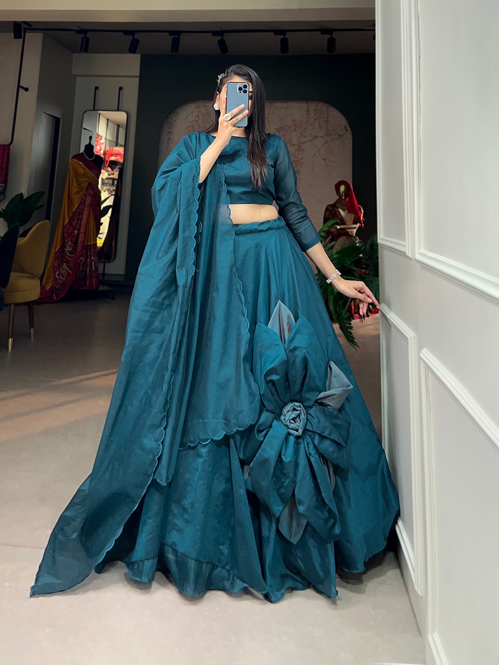 Rajwadi Chanderi Silk With Hand Made Flower Work Lehenga Choli In Teal Color