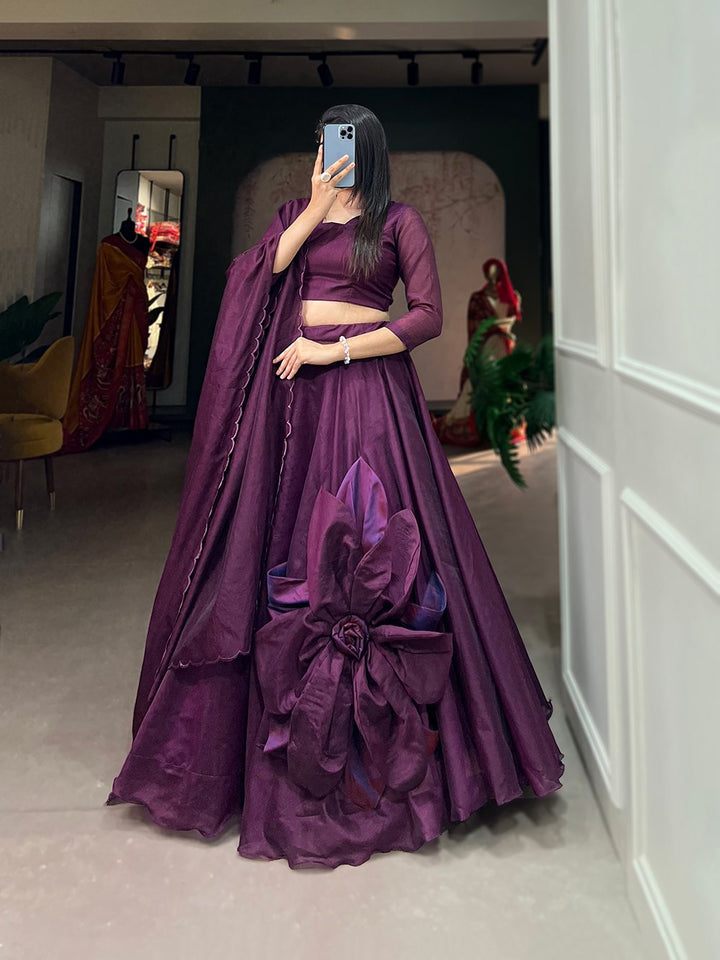 Rajwadi Chanderi Silk With Hand Made Flower Work Lehenga Choli In Wine Color