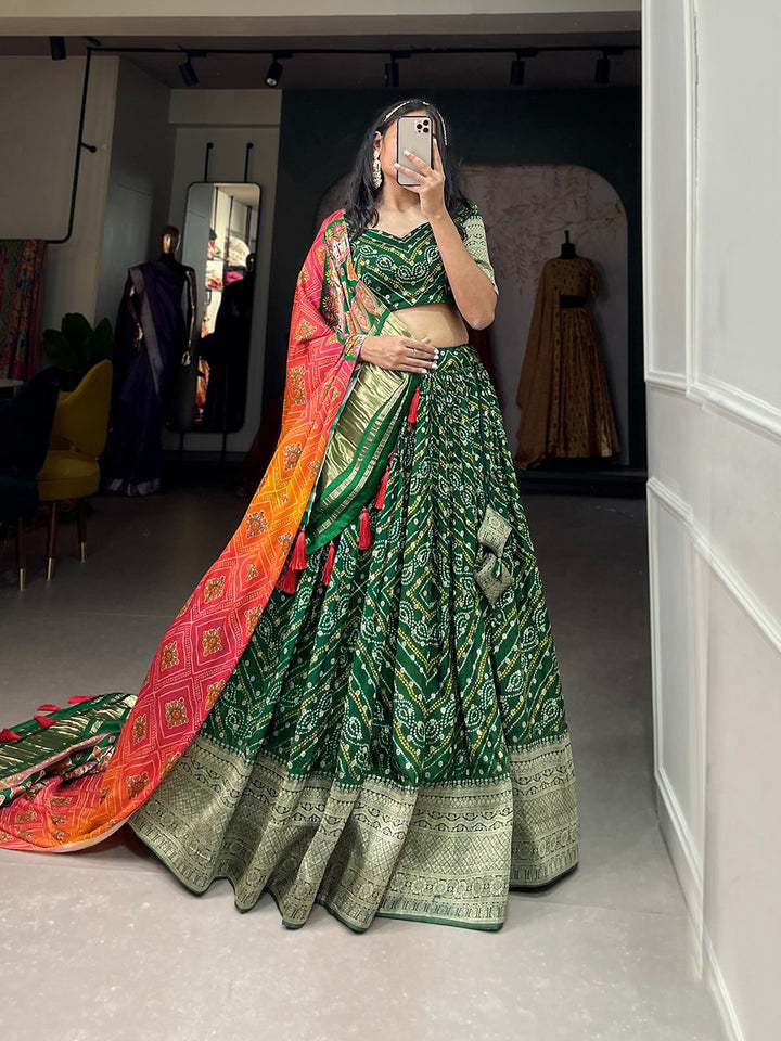 Viscose Dola Silk Printed With Zari Weaving Work Lehenga Choli in Green Color