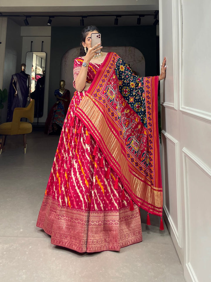 Viscose Dola Silk Printed With Zari Weaving Work Lehenga Choli in Red Color