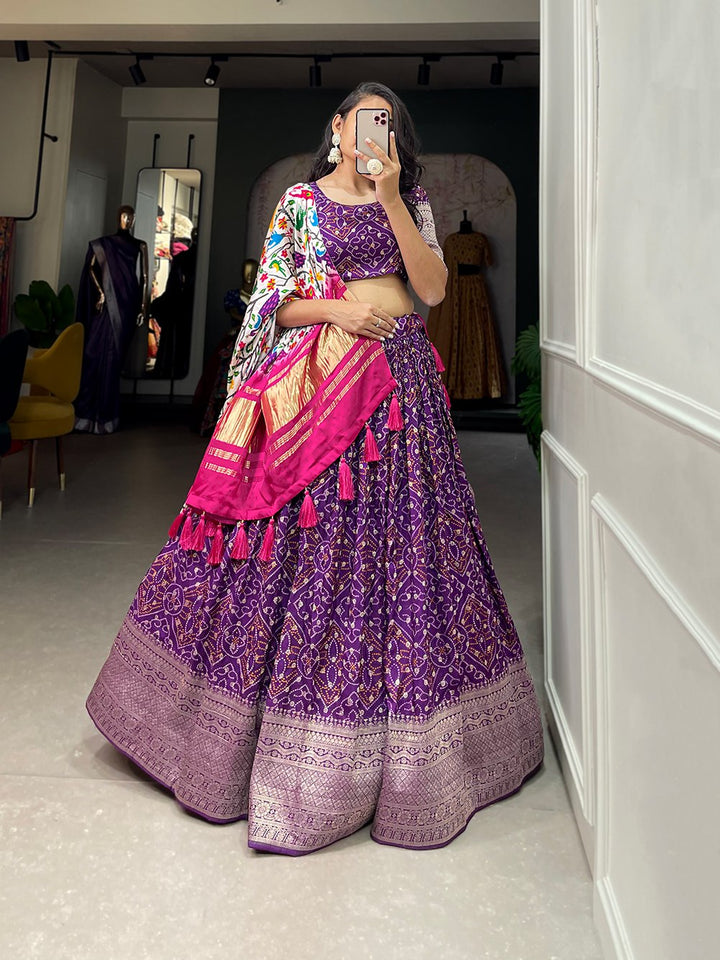 Viscose Dola Silk Printed With Zari Weaving Work Lehenga Choli in Purple Color