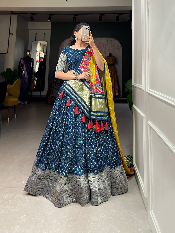 Viscose Dola Silk Printed With Zari Weaving Work Lehenga Choli in Navy Blue Color