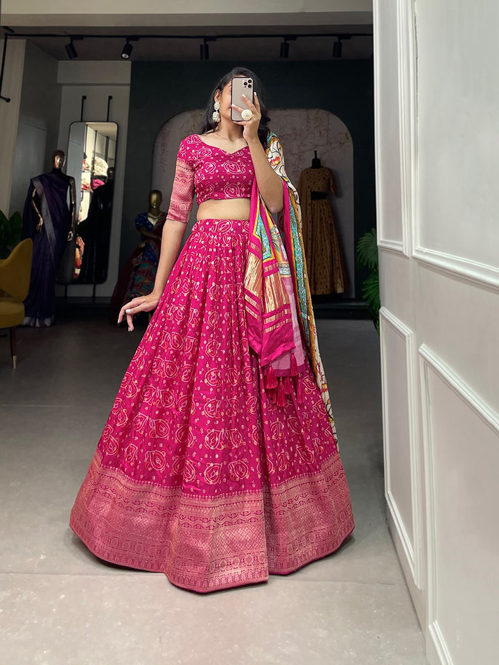 Viscose Dola Silk Printed With Zari Weaving Work Lehenga Choli in Royal Pink Color