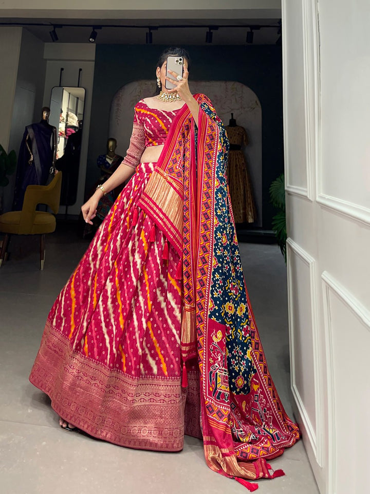 Viscose Dola Silk Printed With Zari Weaving Work Lehenga Choli in Red Color