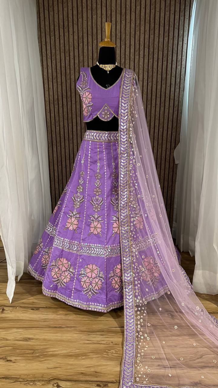 Heavy Slub Silk Lehnga with Thread & Rainbow Sequins Work Llehenga Choli in Purple Color