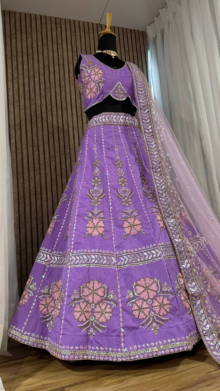 Heavy Slub Silk Lehnga with Thread & Rainbow Sequins Work Llehenga Choli in Purple Color