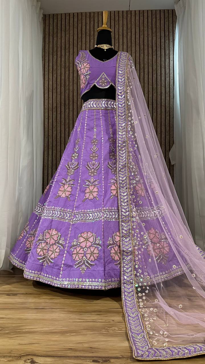 Heavy Slub Silk Lehnga with Thread & Rainbow Sequins Work Llehenga Choli in Purple Color