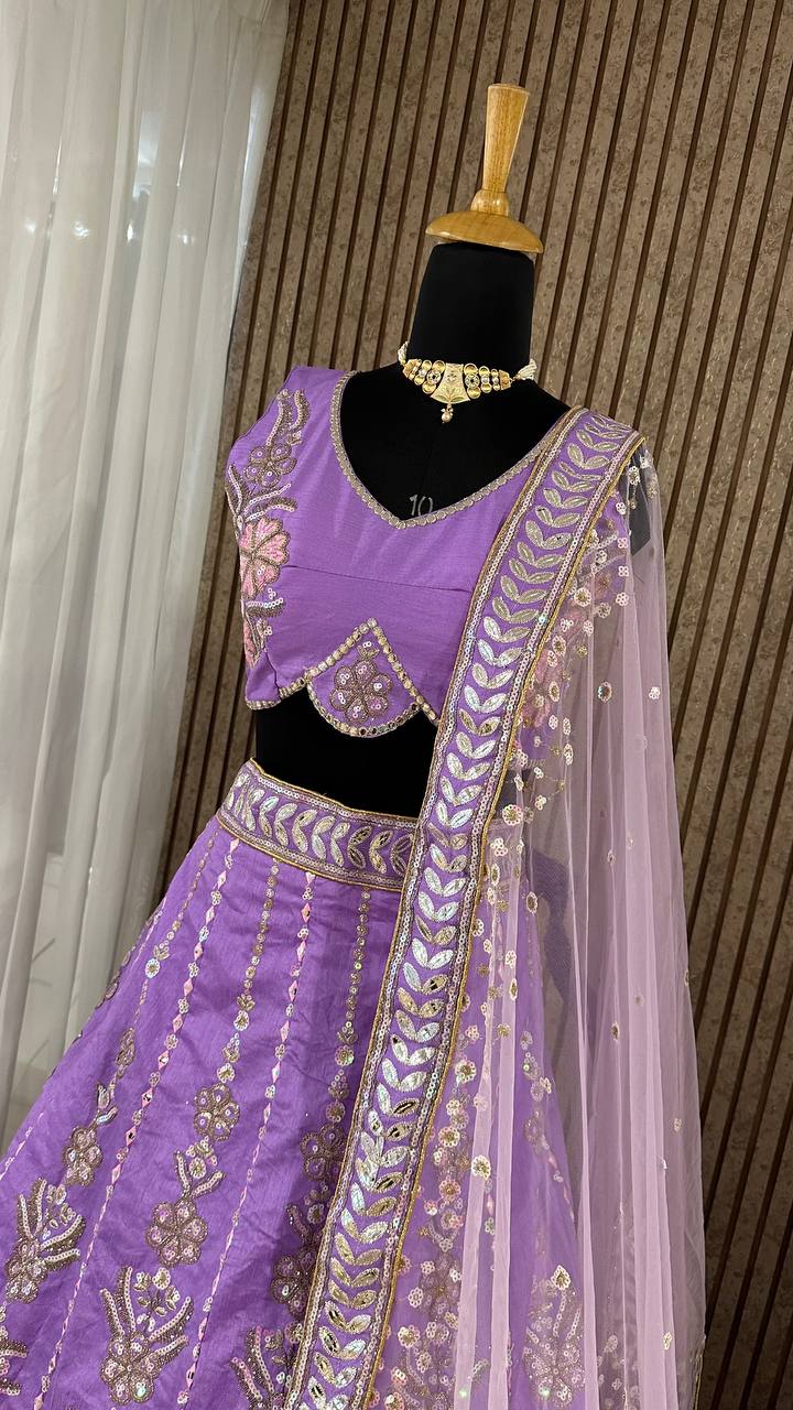 Heavy Slub Silk Lehnga with Thread & Rainbow Sequins Work Llehenga Choli in Purple Color