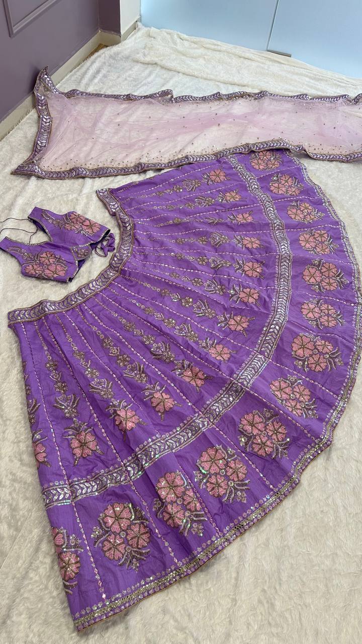 Heavy Slub Silk Lehnga with Thread & Rainbow Sequins Work Llehenga Choli in Purple Color