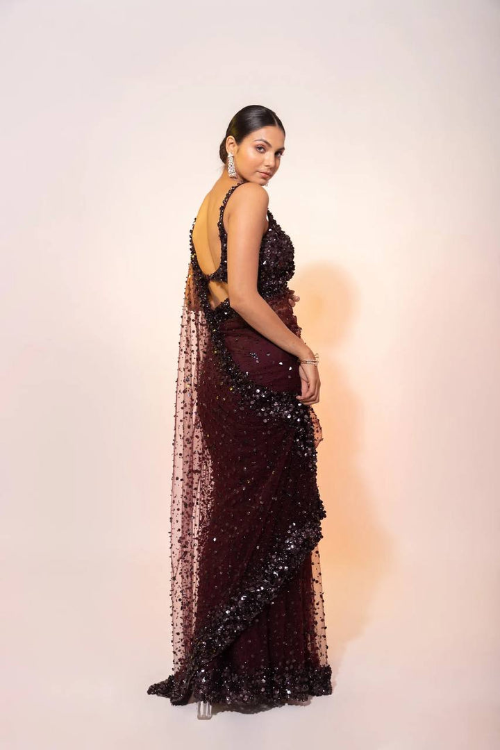 Net saree with hologram sequin & thread work dark purple color