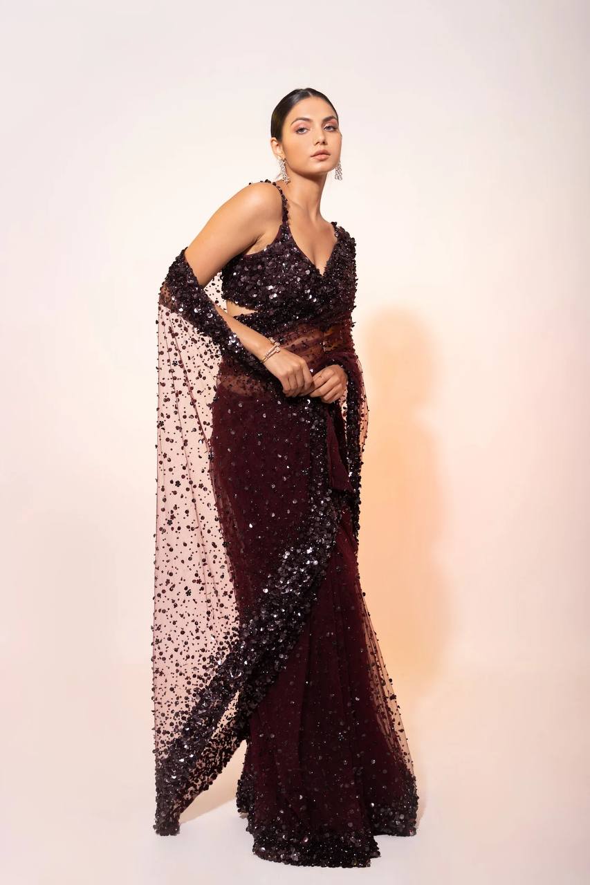 Dark purple net saree with hologram sequin and intricate thread work