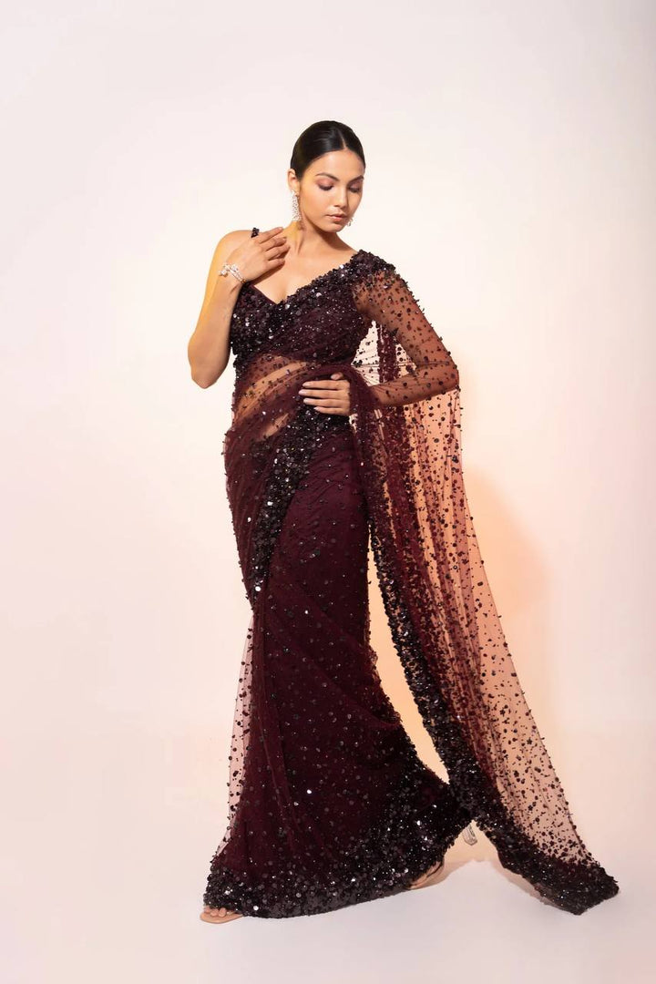 Net saree with hologram sequin & thread work dark purple color