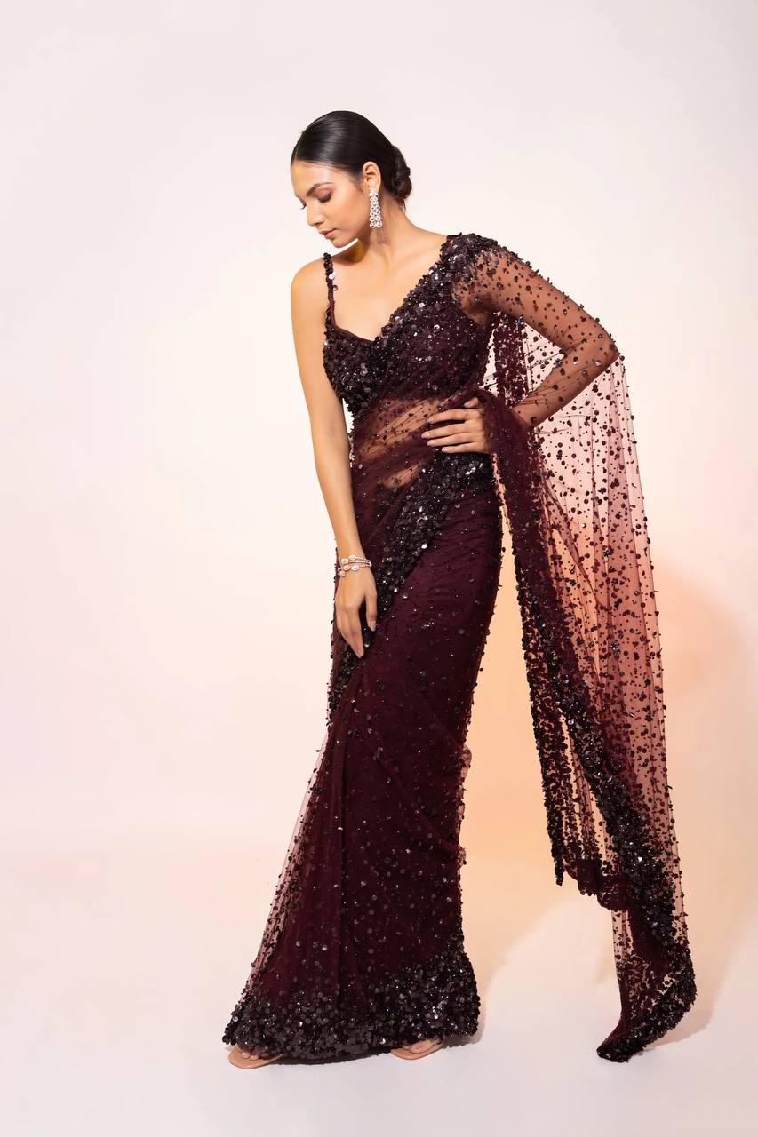 Net saree with hologram sequin & thread work dark purple color