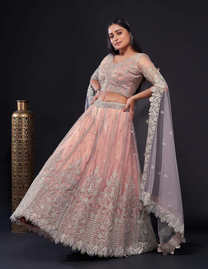 Net lehnga with Dori & sequence work lehenga choli peach color