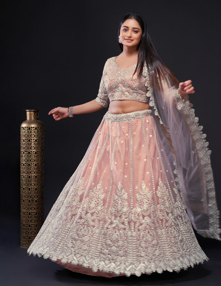 Net lehnga with Dori & sequence work lehenga choli peach color