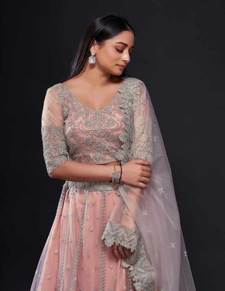 Net lehnga with Dori & sequence work lehenga choli peach color