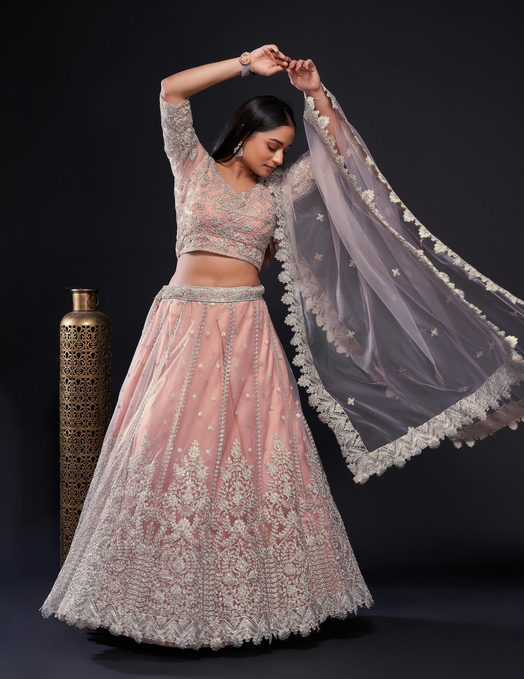 Net lehnga with Dori & sequence work lehenga choli peach color