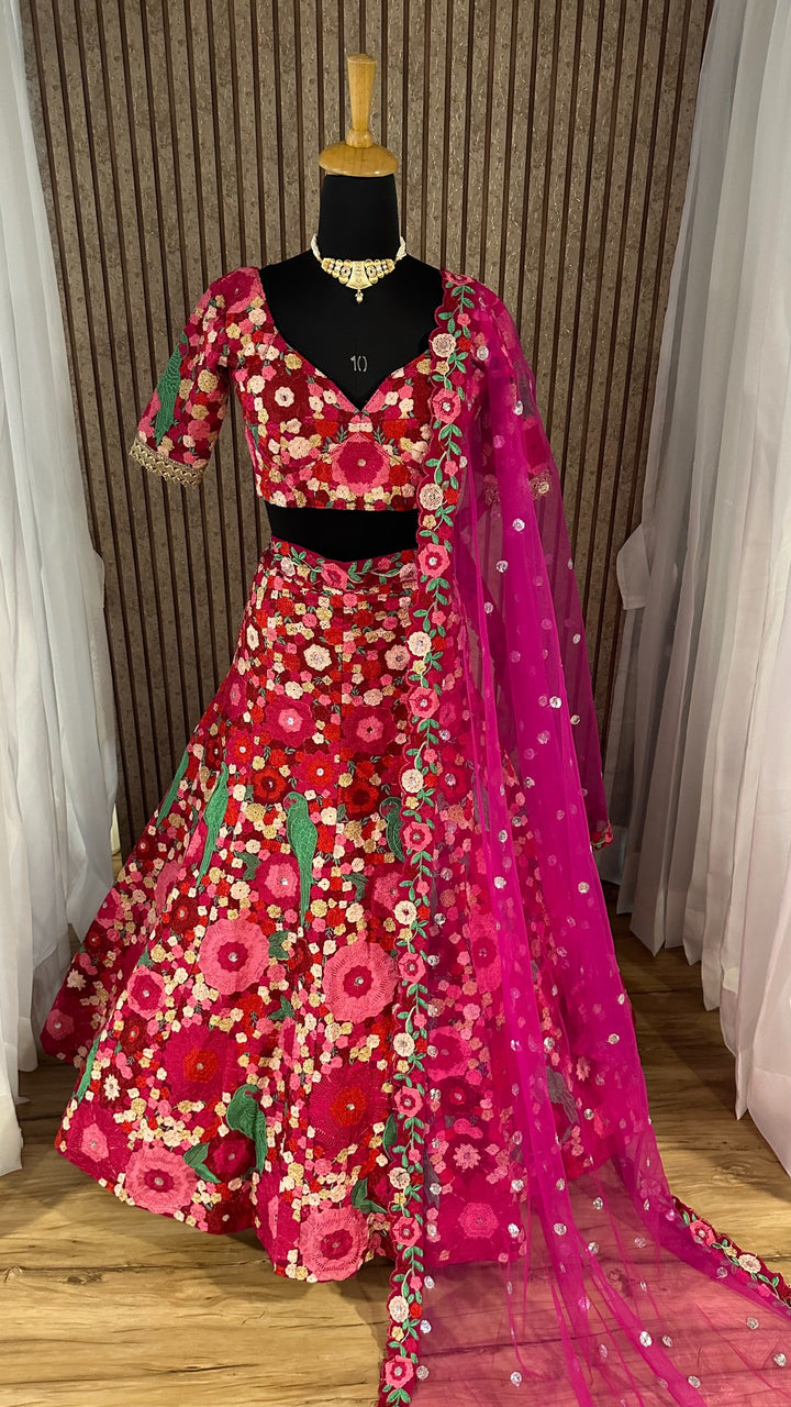 Tapeta Velvet Lehnga with Chainstitch Embroidery & Sequins Work Lehenga Choli in Pink Color