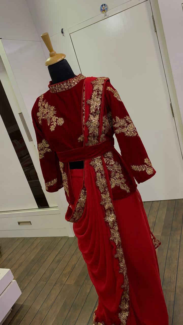 Traditional Indian saree in rich maroon color with exquisite detailing