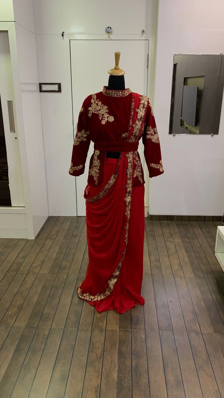 Beautiful maroon Georget draping saree with intricate sequence dori and zari work