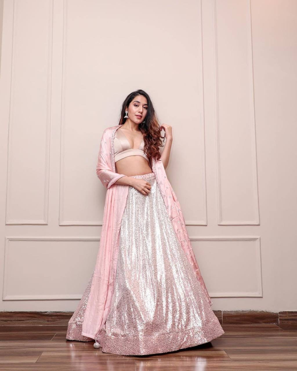 Satin Silk Padding Lehnga with Sequence Work in Silver Color