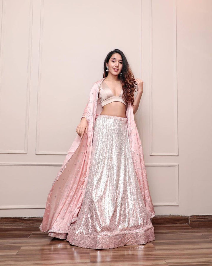 Satin Silk Padding Lehnga with Sequence Work in Silver Color