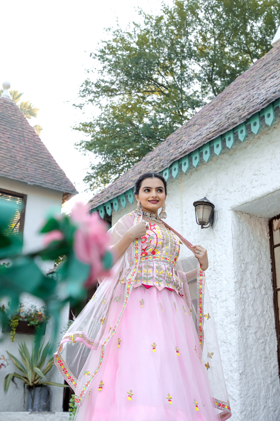 Double Layer Net Lehnga with Thread Work in Baby Pink Color