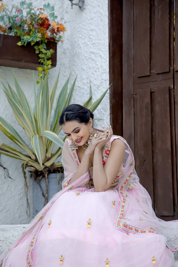 Double Layer Net Lehnga with Thread Work in Baby Pink Color